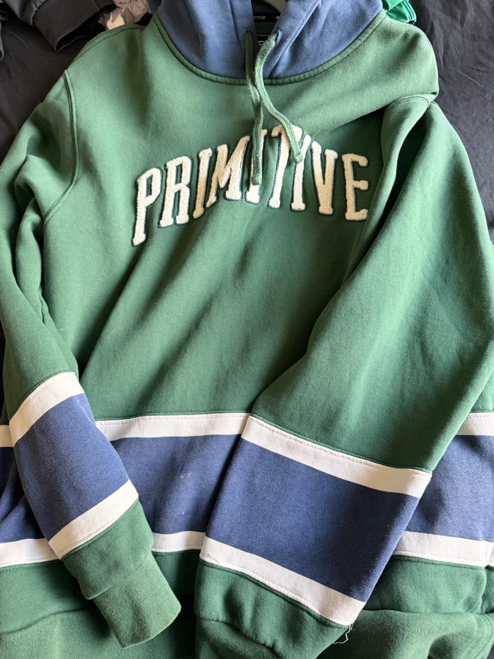 Primitive Green and Blue Pullover with White Crest Lettering